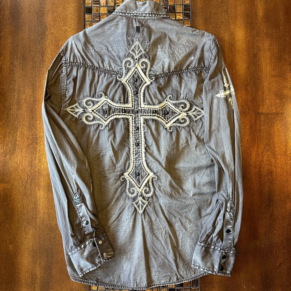 ROAR Men's Med Brown Embroidered Distressed Long Sleeve Button Shirt